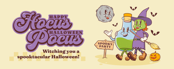 Halloween Groovy Witch with Broom and Poison Flask Retro Characters. Cartoon Pumpkin Helloween Banner. Vector Autumn Holiday Spooky Moon Mascot Template. Happy Vintage Cool Illustration Isolated