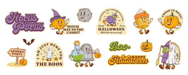 Groovy Halloween Pumpkin Retro Stickers Set. Cartoon Pie, Cauldron, Witch, Ghost, Moon Vector Autumn Holiday Mascot Sticker Templates Collection Happy Vintage Cool Personage Illustrations Isolated
