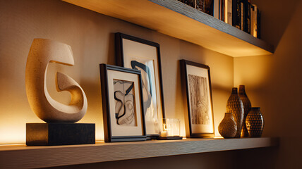 Modern home interior with bookshelf lighting