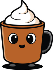 A happy brown coffee cup with whipped cream and a smiling face drink beverage vector illustration EPS file download.
