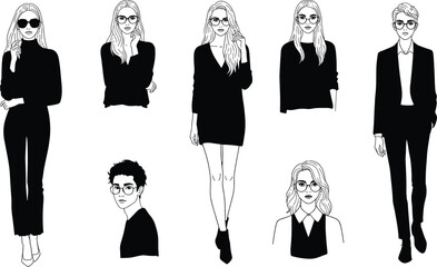 Fashion illustration, stylish people in modern outfits, black and white character design, professional attire, trendy glasses, confident poses, contemporary style, flat vector drawin