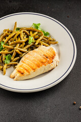 Chicken breast and green beans grilled chicken meat natural product tasty snack fresh delicious gourmet food background on the table rustic top view copy space keto and paleo diet