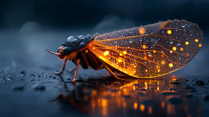 Firefly glowing on flower at night