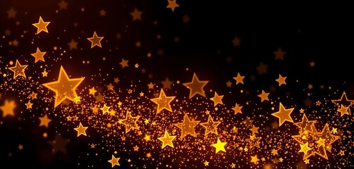 Shimmering gold stars on a deep black background, sky, shining