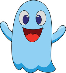 A happy cartoon ghost with wide eyes and an open mouth character smiling vector illustration EPS file download.
