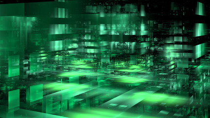 stunning digital landscape displays various shades of green, with layered geometric patterns creating an abstract representation of technology. scene evokes a sense of innovation. 3d render