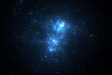 Bright blue galaxies form a stunning display in the dark expanse of space, showcasing the vastness and beauty of the universe at night. Stars twinkle and create a mesmerizing view. 3d render