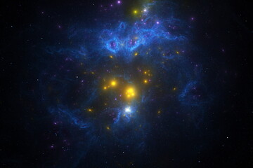 Bright stars and swirling nebulae create a vibrant display in the depths of space, showcasing cosmic formation amidst dark voids, revealing the beauty of the universe. 3d render