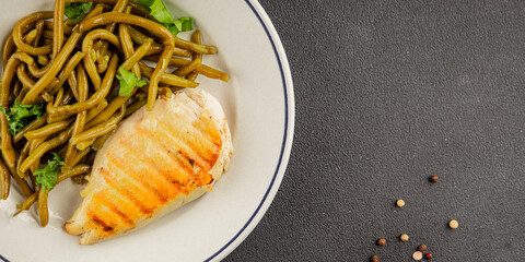 Chicken breast and green beans grilled chicken meat natural product tasty snack fresh delicious gourmet food background on the table rustic top view copy space keto and paleo diet