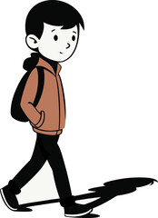 A young boy in a brown jacket and black pants walks with a backpack child walking vector illustration EPS file download.
