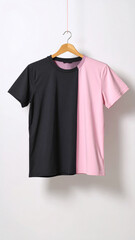 Realistic Unisex Black and Pink T Shirt Mockup Flat Hanging on Neutral Background