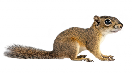 A curious squirrel in a dynamic pose against a clean white background. its playful nature and intricate fur details. ideal for wildlife photography and educational materials
