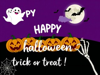 Fototapeta premium Spooky halloween greeting with carved pumpkins ghosts and moon bats trick or treat fun