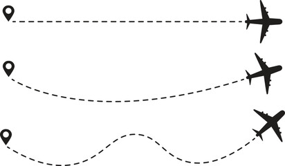 Airplane Travel Route with Dashed Line Vector Set

