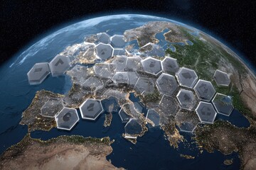 European region overlaid with numerous translucent hexagonal shapes containing symbols, displayed against a detailed global map.