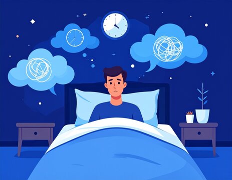 Flat illustration of person with insomnia and anxiety at night