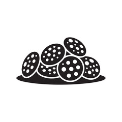 Pile of sliced salami or sausage rounds with visible peppercorns, isolated on white background technology background