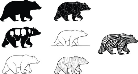 Bear illustrations in varied artistic styles—silhouette, geometric, cityscape, line art, outline, wood texture, black and white vector artwork, nature, concept