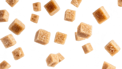A dynamic composition of floating brown sugar cubes against a clean white background. their texture and form. ideal for culinary or food-related projects