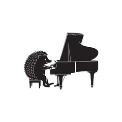 Hedgehog playing a grand piano isolated on white background technology background