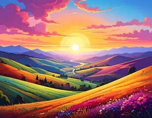 Colorful mountain valley at sunset