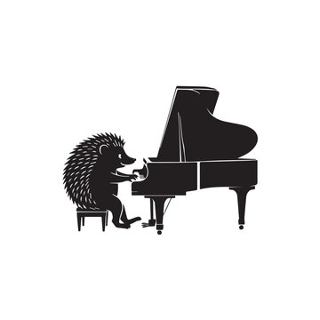 Hedgehog playing a grand piano isolated on white background technology background