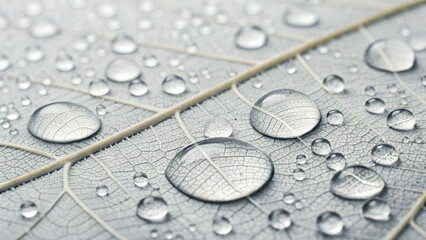A close-up of water droplets on a leaf in black and white. Natural background