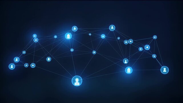 A continuously looping animation of a network of digital nodes in bright dark blue against a dark navy blue background, with icons representing minimalist head and shoulders silhouettes.