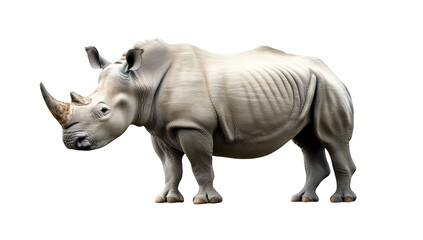 Obraz premium A realistic depiction of a rhinoceros standing in profile against a plain white background. its distinctive features and muscular build. ideal for educational and wildlife conservation purposes