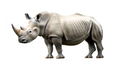 A realistic depiction of a rhinoceros standing in profile against a plain white background. its distinctive features and muscular build. ideal for educational and wildlife conservation purposes