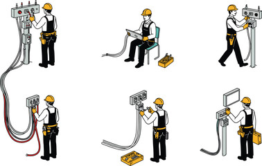 Electrician worker repairing electrical panel, wiring installation maintenance, safety helmet toolbox, professional technician using laptop, testing outlet, engineering service concept illustration