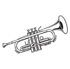 Naklejka premium Simple detailed black and white illustration of a classical brass trumpet instrument