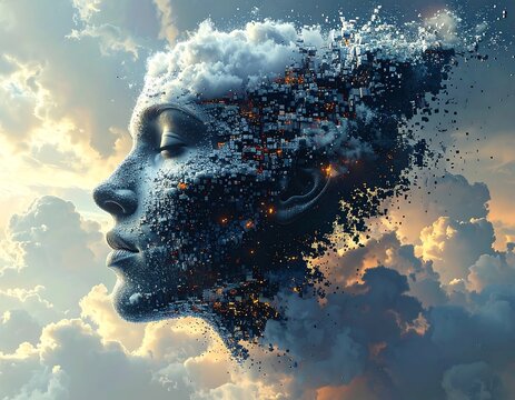 Abstract woman's face with fragmented city in the clouds