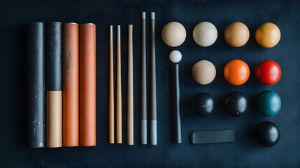 Billiard balls and cues neatly arranged on a dark surface. Pool game equipment close up.
