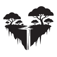 Silhouette of a heartshaped floating island with a waterfall and stylized trees, representing love and natures beauty in a surreal landscape technology background