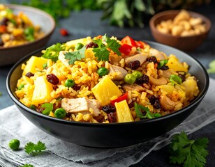 Colorful rice dish with chicken and pineapple