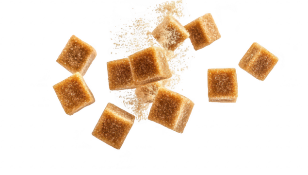 Brown sugar cubes falling gracefully against a clean white background. creating a dynamic sense of motion. ideal for culinary themes or food-related content