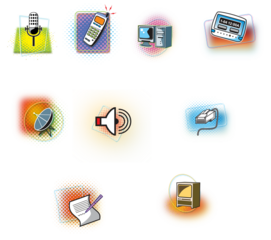 A collection of nine colorful, retro-style icons representing various forms of communication and technology, including a computer, phone, and satellite dish.