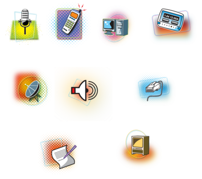 A collection of nine colorful, retro-style icons representing various forms of communication and technology, including a computer, phone, and satellite dish.