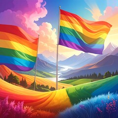 Colorful pride flags over a scenic landscape