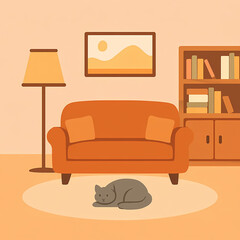 Minimalist flat vector illustration of a cozy living room, showing a peaceful domestic scene with a cat sleeping on a rug by a sofa