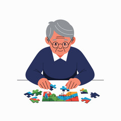 Fototapeta premium Elderly person enjoying a challenging jigsaw puzzle activity at home developing cognitive skills