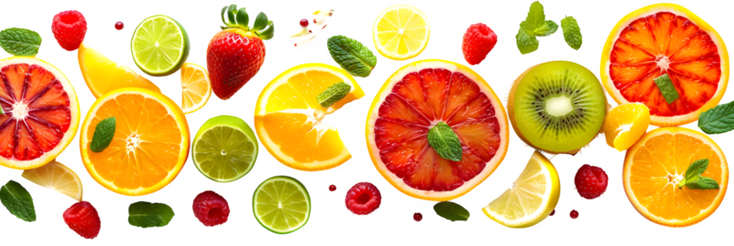 Vibrant assortment of fresh citrus fruits, berries, and kiwi slices with mint leaves, perfect for healthy eating and refreshing beverage conceptsIsolated  to Transparent  Background