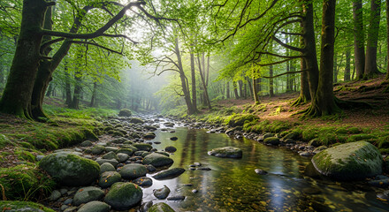 A scenic view of a stream flowing through a lush green forest with moss covered rocks and tall trees