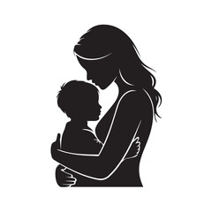 Silhouette of a mother holding her child tenderly, symbolizing love, family, and maternal bond in a simple and elegant design isolated on white background technology background