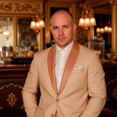 Well-dressed man in a sophisticated bar, exuding confidence