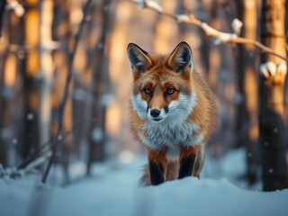 Fototapeta premium Captivating Red Fox Portrait Stalking in Snow Covered Forest During Winter