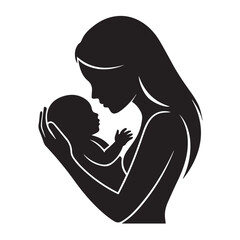 Silhouette of a mother holding her baby tenderly, isolated on white background technology background