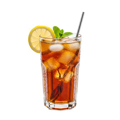Tall Glass of Iced Tea with Lemon Slice, Mint, Ice Cubes, and Straw drink