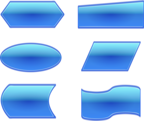 A set of six glossy blue buttons and banners in various geometric and abstract shapes for web design.